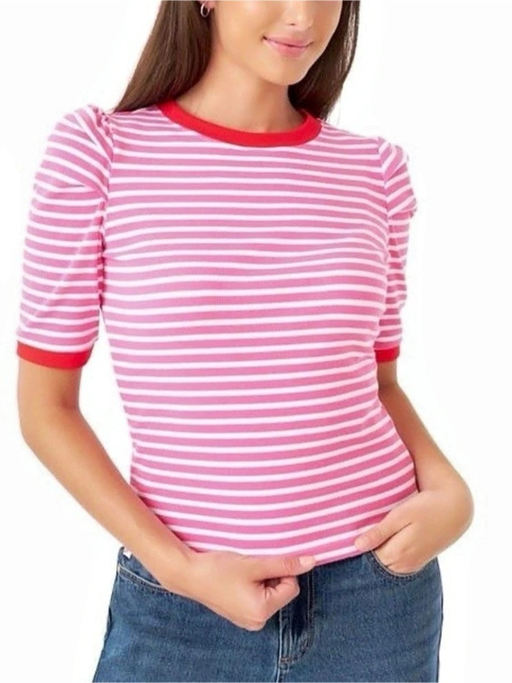 Rebecca Minkoff Striped Puff Sleeve Top in Pink & White Size Medium